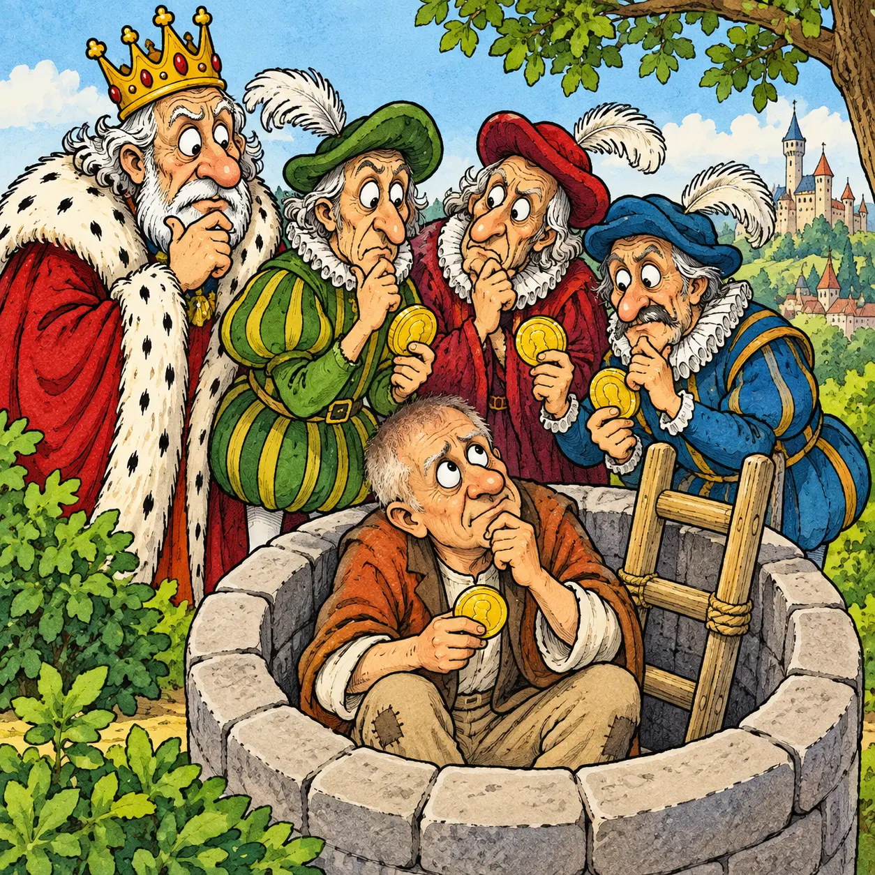 Ilustrácia starej slovenskej rozprávky o troch grošoch — muži s grošmi nad kamennou studňou