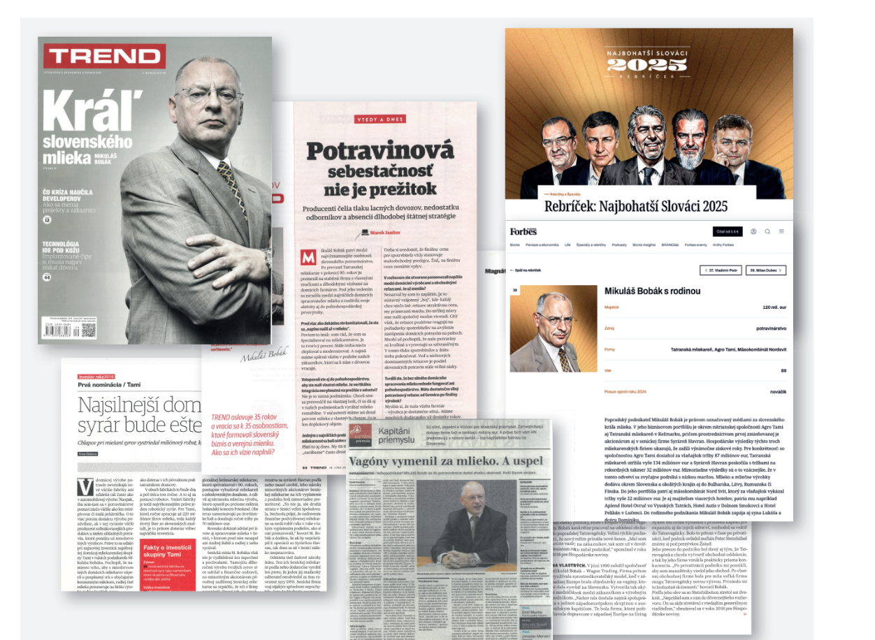 Koláž mediálnych výstrižkov o Mikulášovi Bobákovi — TREND, Forbes a ďalšie
